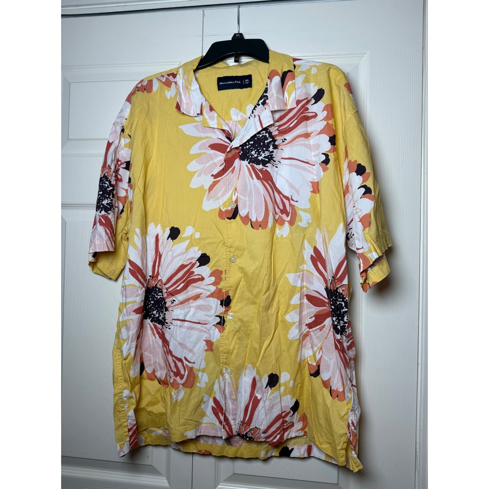 Abercrombie & Fitch Mens XXL‎ Yellow Floral Short Sleeve Button Up Camp Shirt